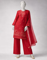 Red Embroidered Lawn 3-Piece Unstitched Suit - J.