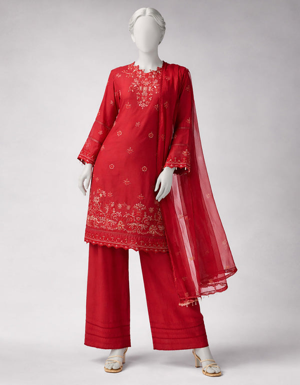Red Embroidered Lawn 3-Piece Unstitched Suit - J.