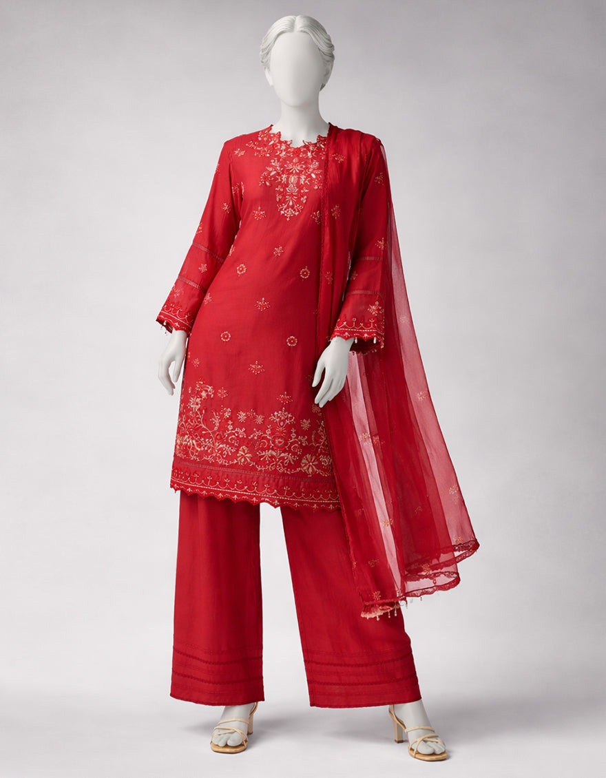 Red Embroidered Lawn 3-Piece Unstitched Suit - J.