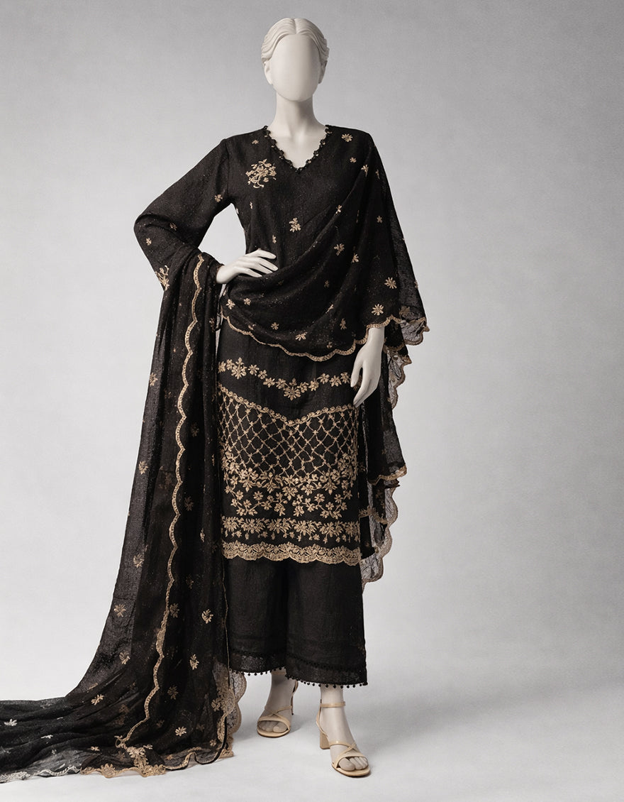 Black Embroidered Lawn 3-Piece Unstitched Suit - J.