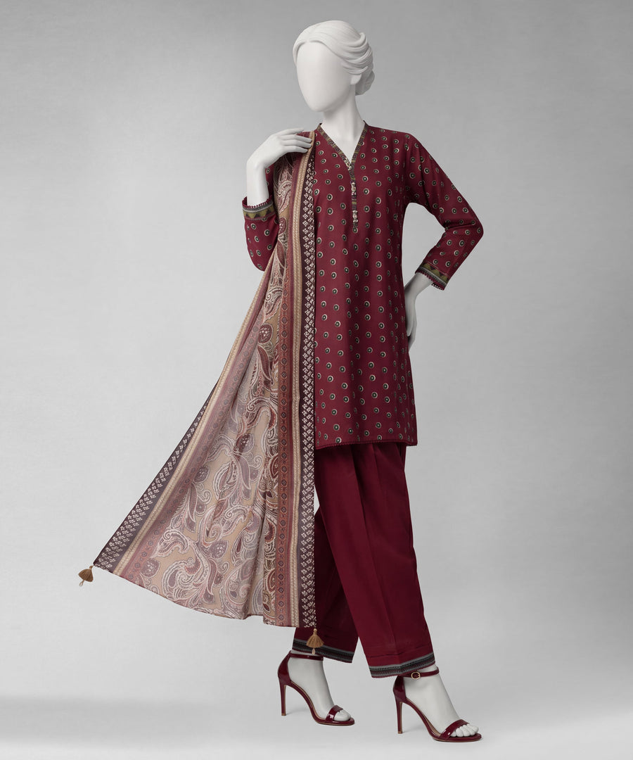 J. Zariya Maroon Printed Unstitched 3Pc Lawn Suit (JLU264558U)