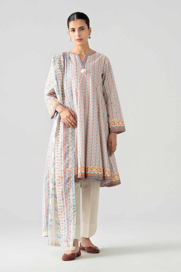 Nishat Linen 3PC Printed Lawn Suit – Beige Geometric Floral (Summer'26)