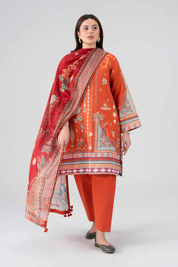 Rust Digital Printed Lawn 3-Piece Unstitched Suit - Nishat Linen