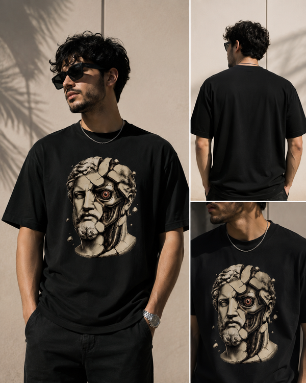 Classic Cyborg Statue Oversized Black Pure Cotton T-Shirt