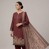 ZARIYA Maroon Printed Lawn 3-Piece Unstitched Suit