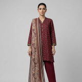 ZARIYA Maroon Printed Lawn 3-Piece Unstitched Suit