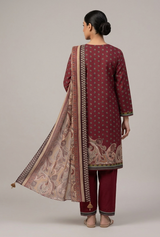 ZARIYA Maroon Printed Lawn 3-Piece Unstitched Suit