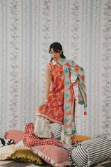 3 Piece Digital Printed Unstitched Lawn Suit - Rust Floral