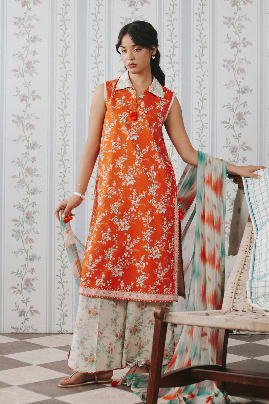 3 Piece Digital Printed Unstitched Lawn Suit - Rust Floral