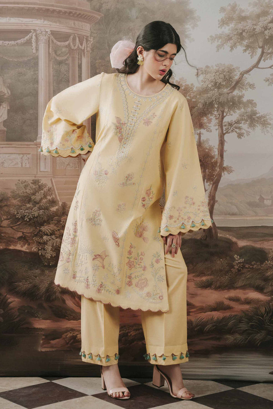 2 Piece Embroidered Fine Lawn Unstitched Suit - Light Gold | Premium Summer Collection