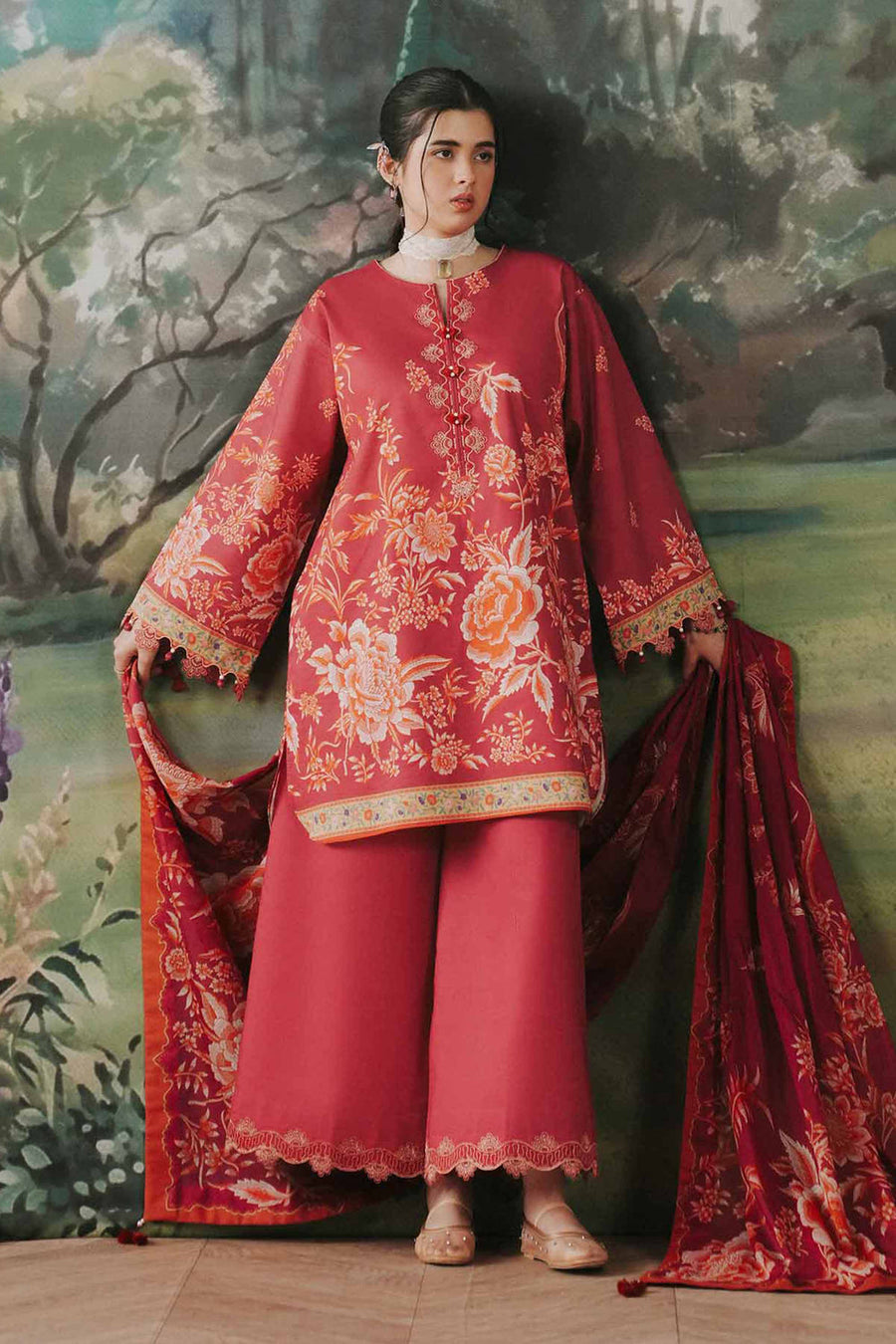 3 Piece Digital Printed Embroidered Unstitched Lawn Suit - Magenta | Nishat