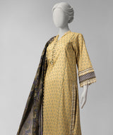 Beige Printed Lawn 3-Piece Unstitched Suit