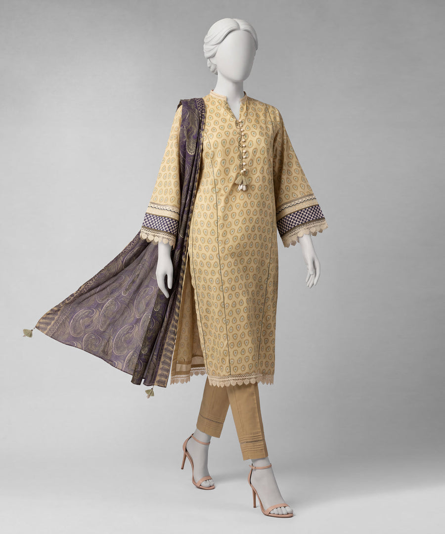Beige Printed Lawn 3-Piece Unstitched Suit
